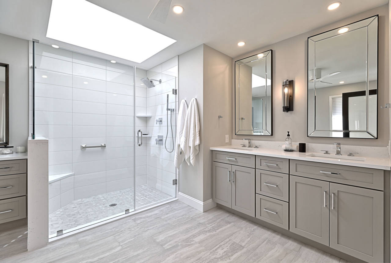Spacious Master Bath Remodel with White and Gray Colors