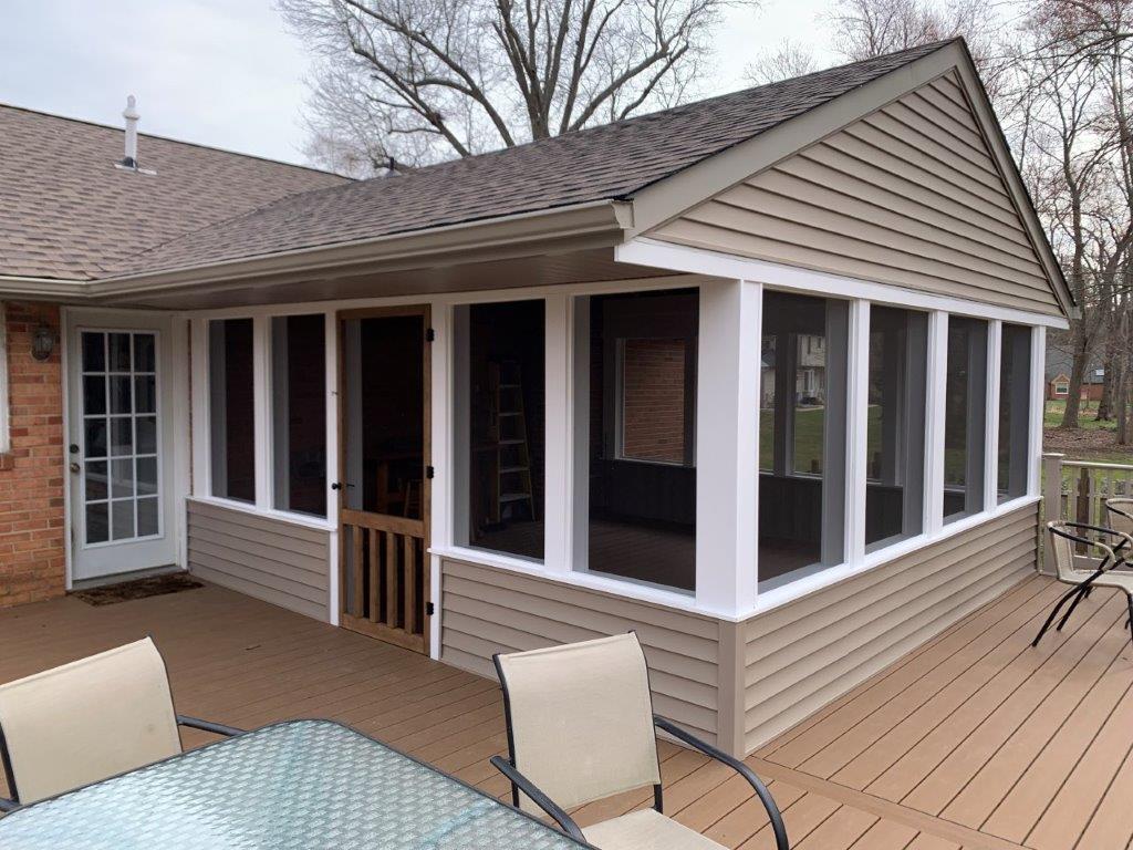 Medford GAF Barkwood, Certainteed Natural Clay, Screened Porch, Trex Deck